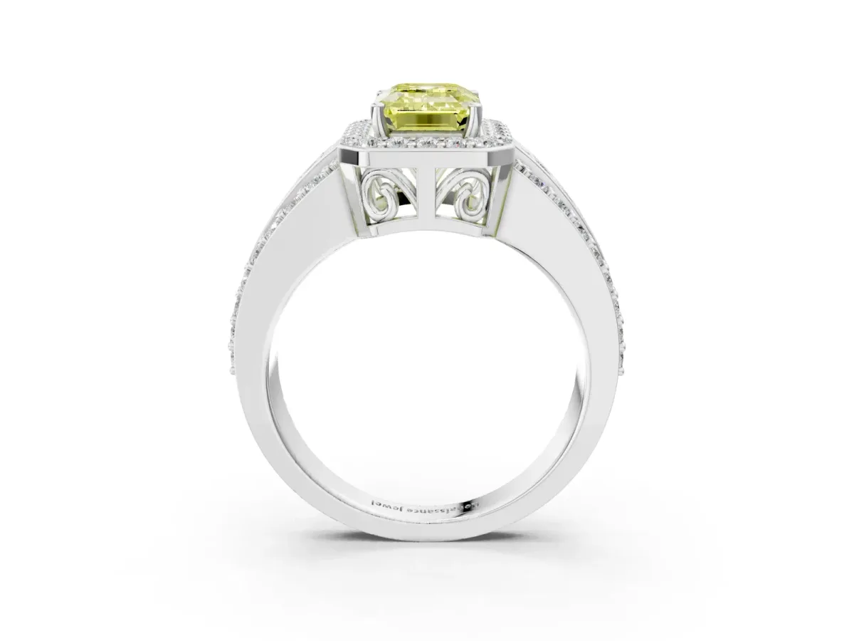 Fancy Yellow Emerald Cut Halo Diamond Ring with Round Split Shank and Prong Setting White gold
