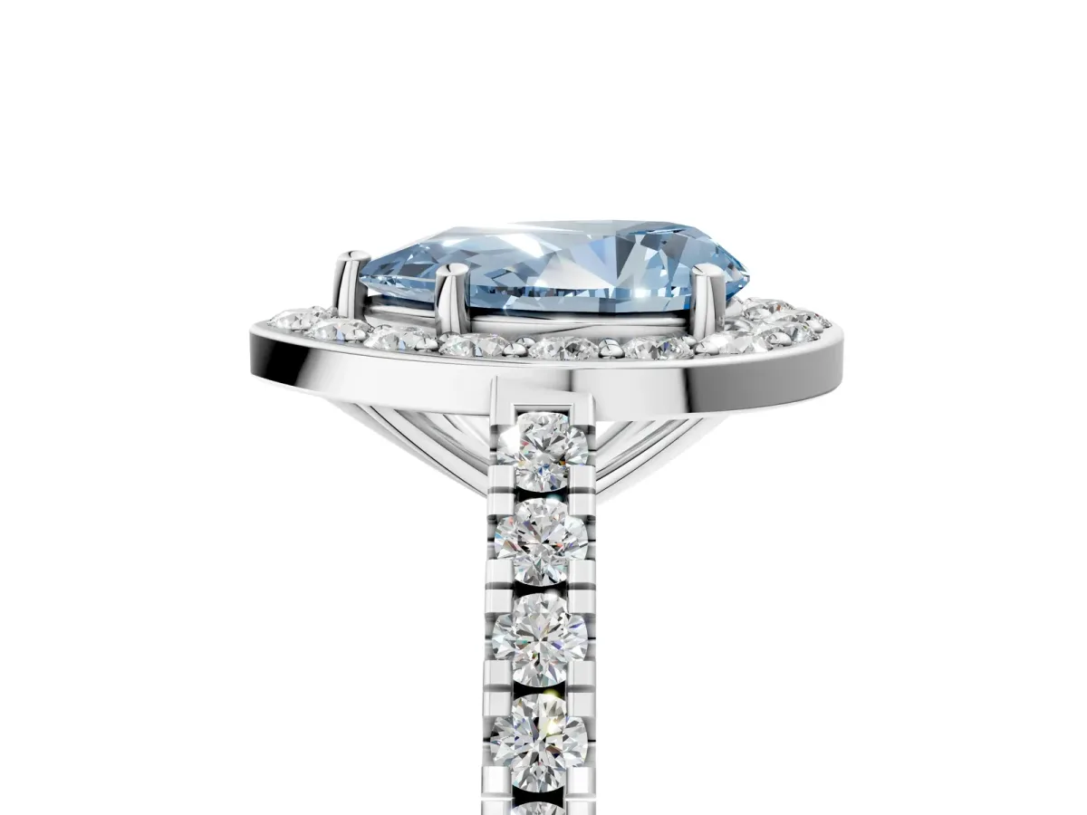 Fancy Blue Pear Cut Diamond Halo Ring with Round Pavé Split Shank and Prong Setting Platinum