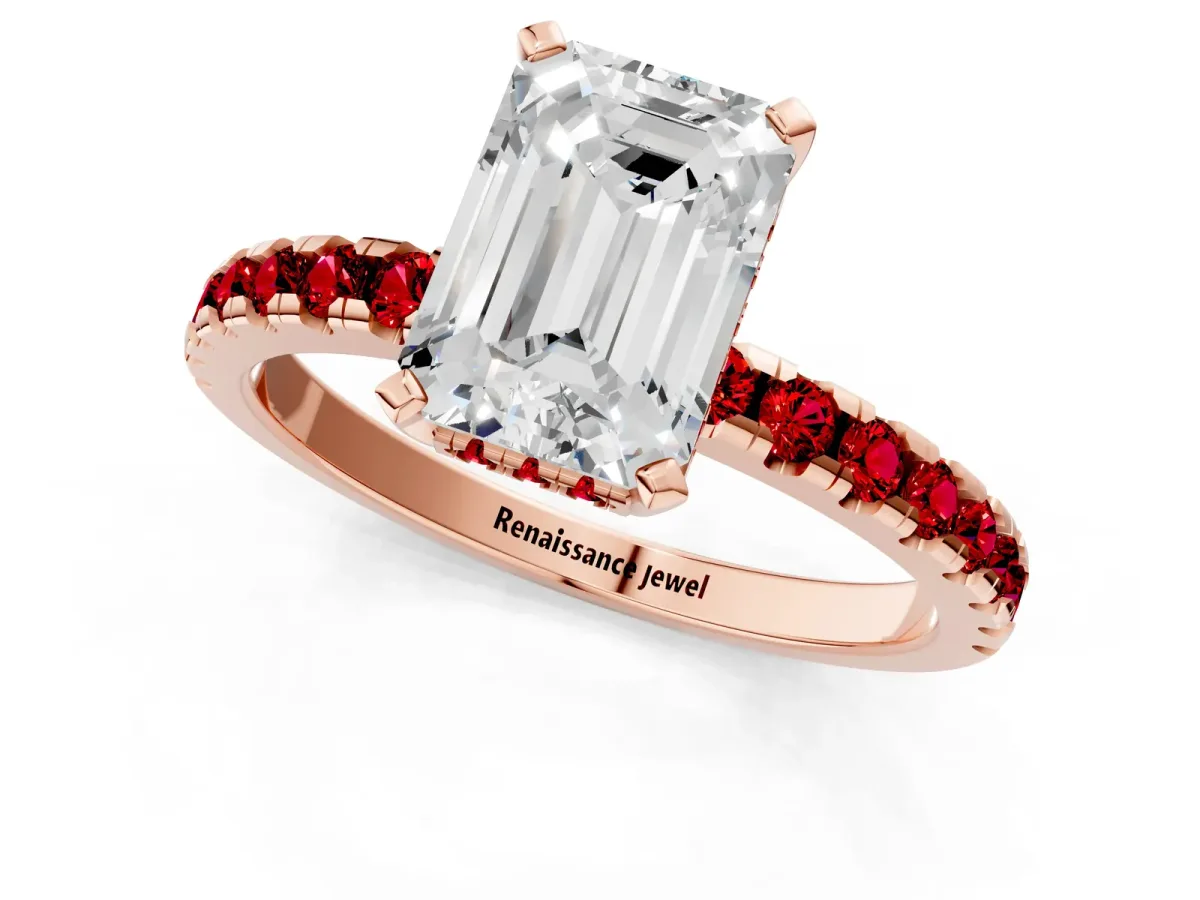 Emerald Cut Diamond Solitaire Ring with Round Ruby Pavé Band and Four-Prong Setting Rose gold
