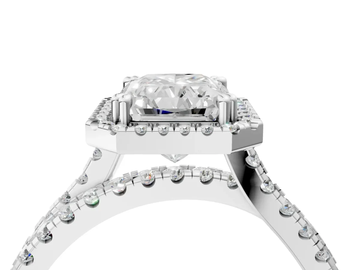 Radiant Cut Halo Split Shank Diamond Ring with Pavé Setting Platinum