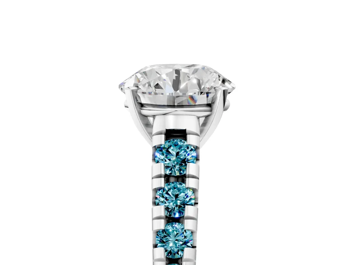 Round Cut Diamond Cathedral Solitaire Ring with Round Blue Topaz Pavé Band Silver