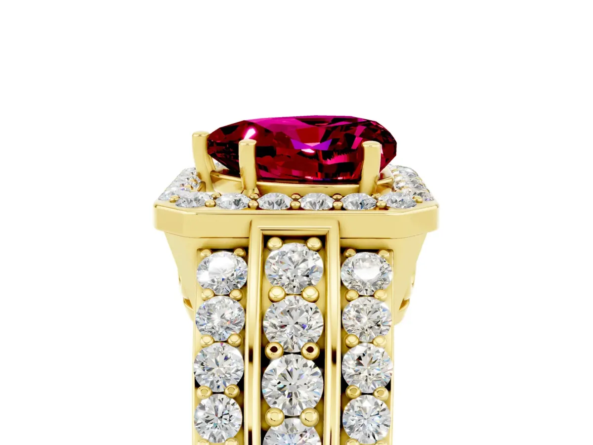 Heart Cut Halo Garnet Ring with Round Split Shank and Prong Setting Yellow gold