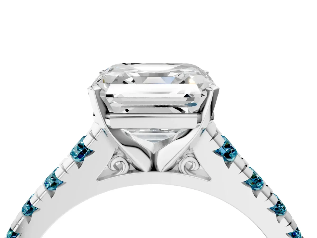 Asscher Cut Diamond Cathedral Solitaire Ring with Round Blue Topaz Pavé Band Silver