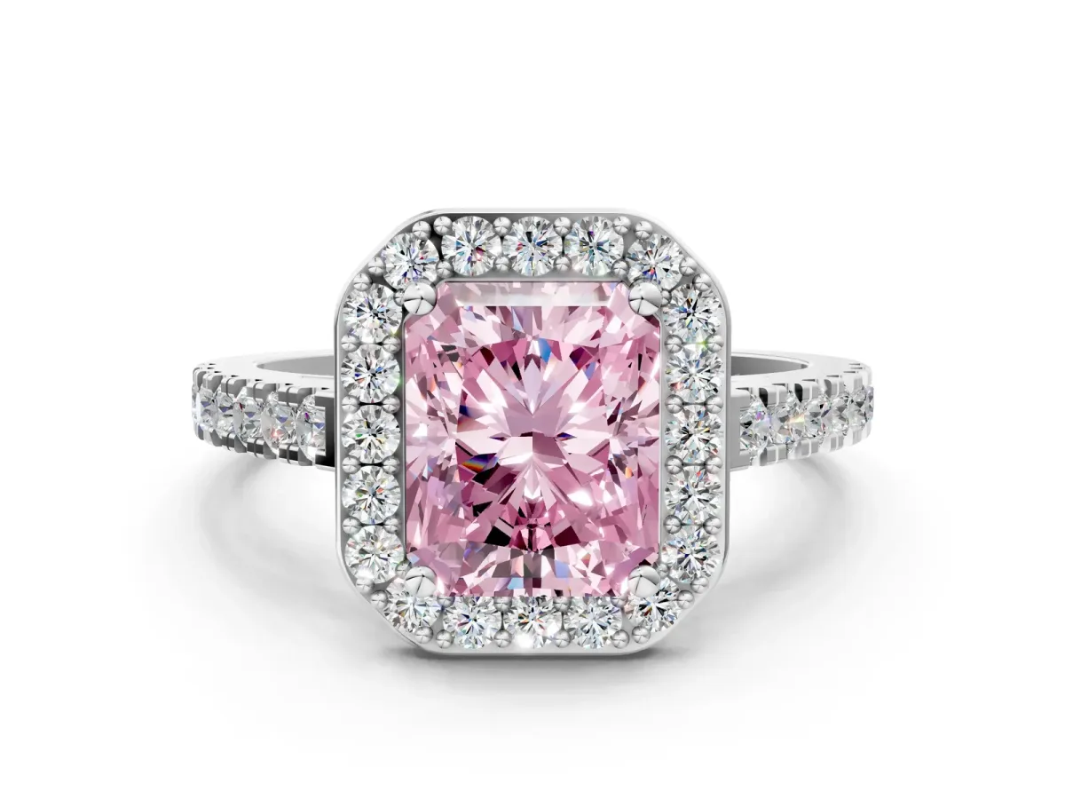 Fancy Pink Radiant Cut Diamond Halo Ring with Round Pavé Split Shank and Prong Setting Platinum