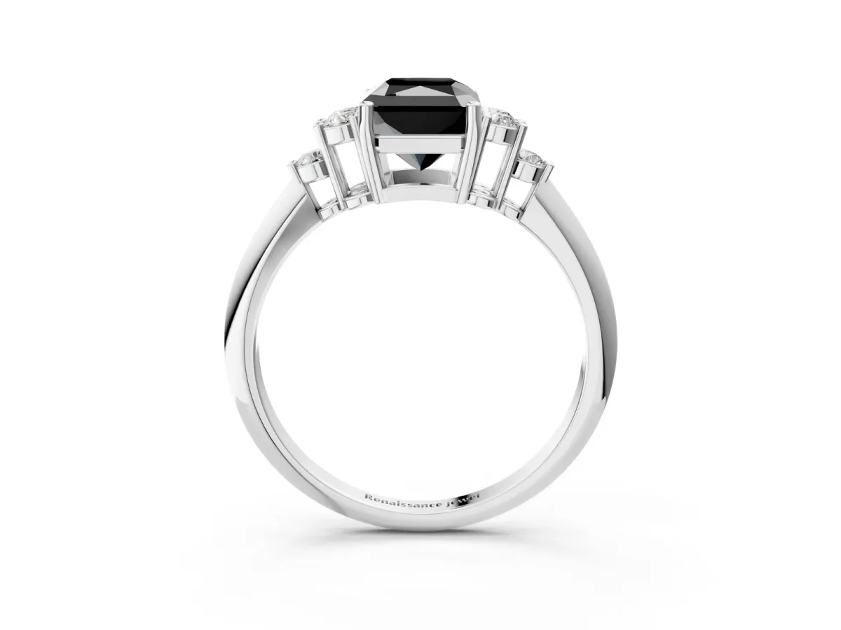 Fancy Black Radiant Cut Cut Diamond Cluster Ring with Solitaire Band and Four-Prong Setting Platinum