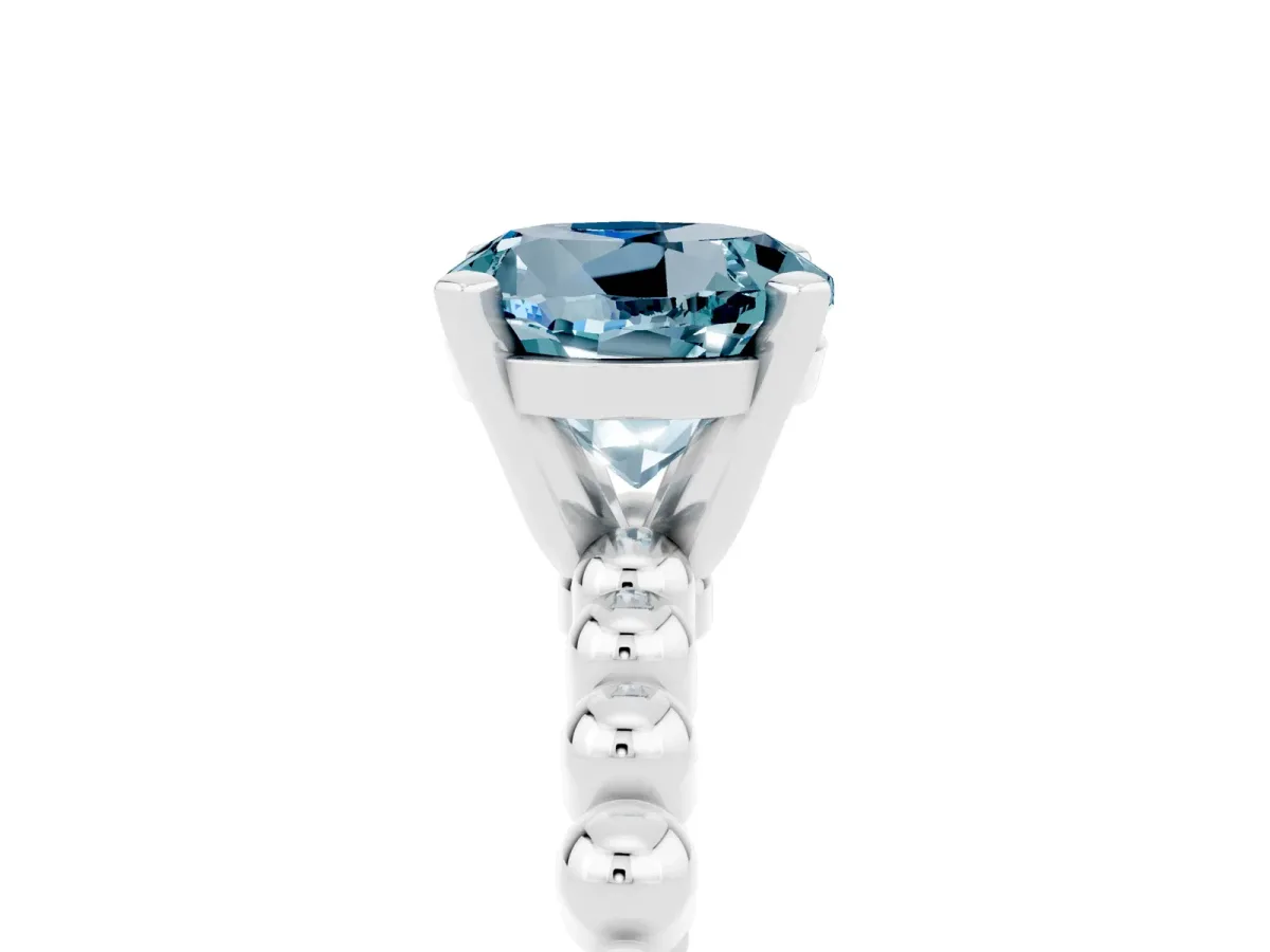 Round Cut Aquamarine Solitaire Ring with Beaded Band and Prong Setting Silver