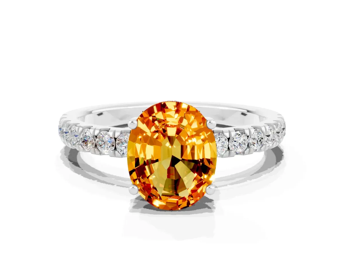 Oval Cut Citrine Pave Band Solitaire Ring with Round and Prong Setting Platinum