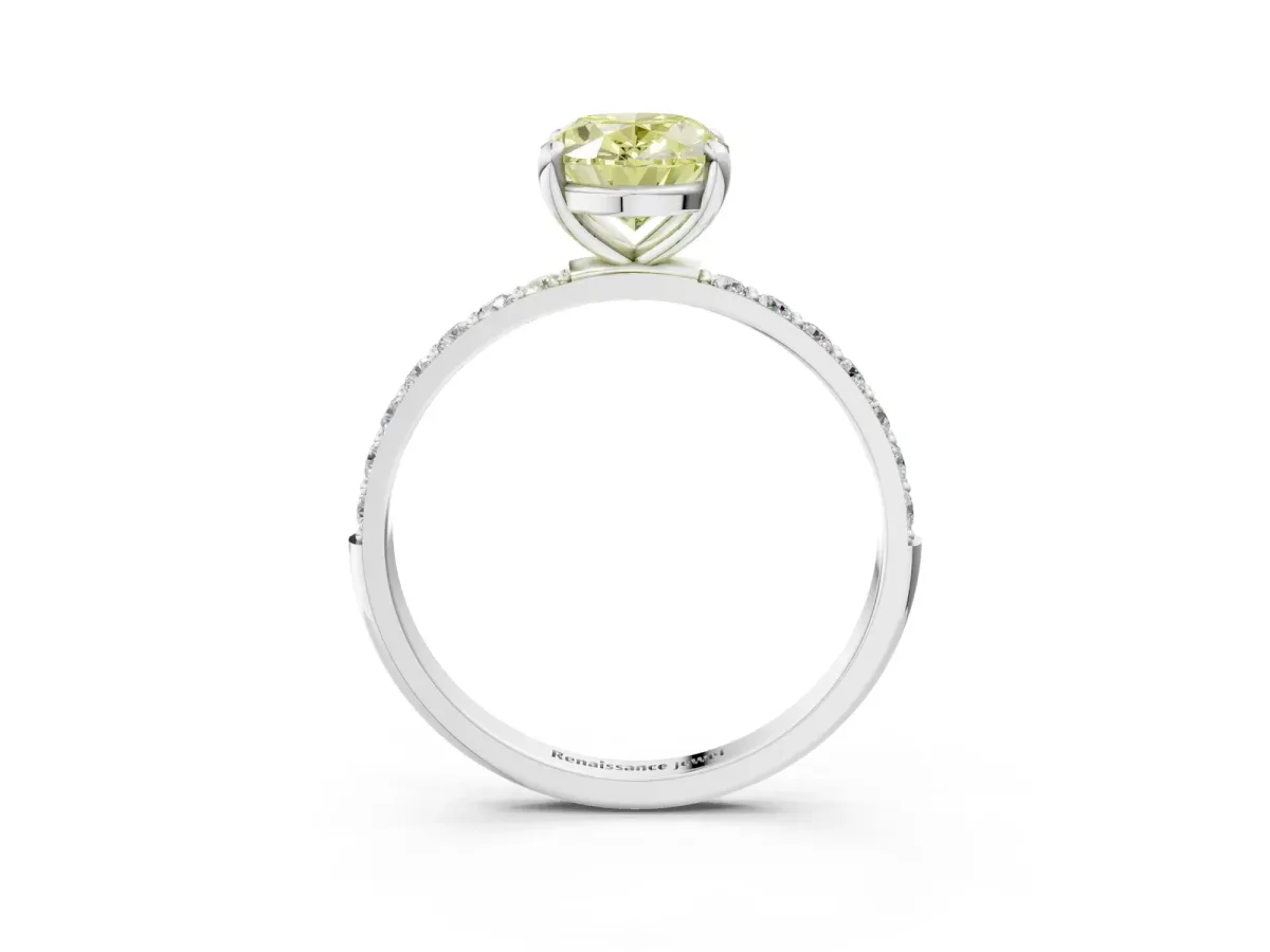 Fancy Yellow Oval Cut Diamond Solitaire Ring with Round Pavé Band and Prong Setting Silver