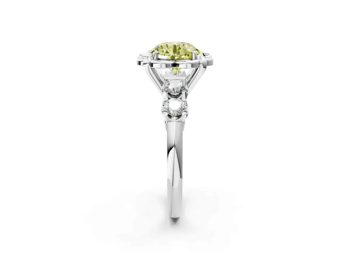Fancy Yellow Round Cut Cut Diamond Floral Halo Engagement Ring with Shared Prong Setting Silver