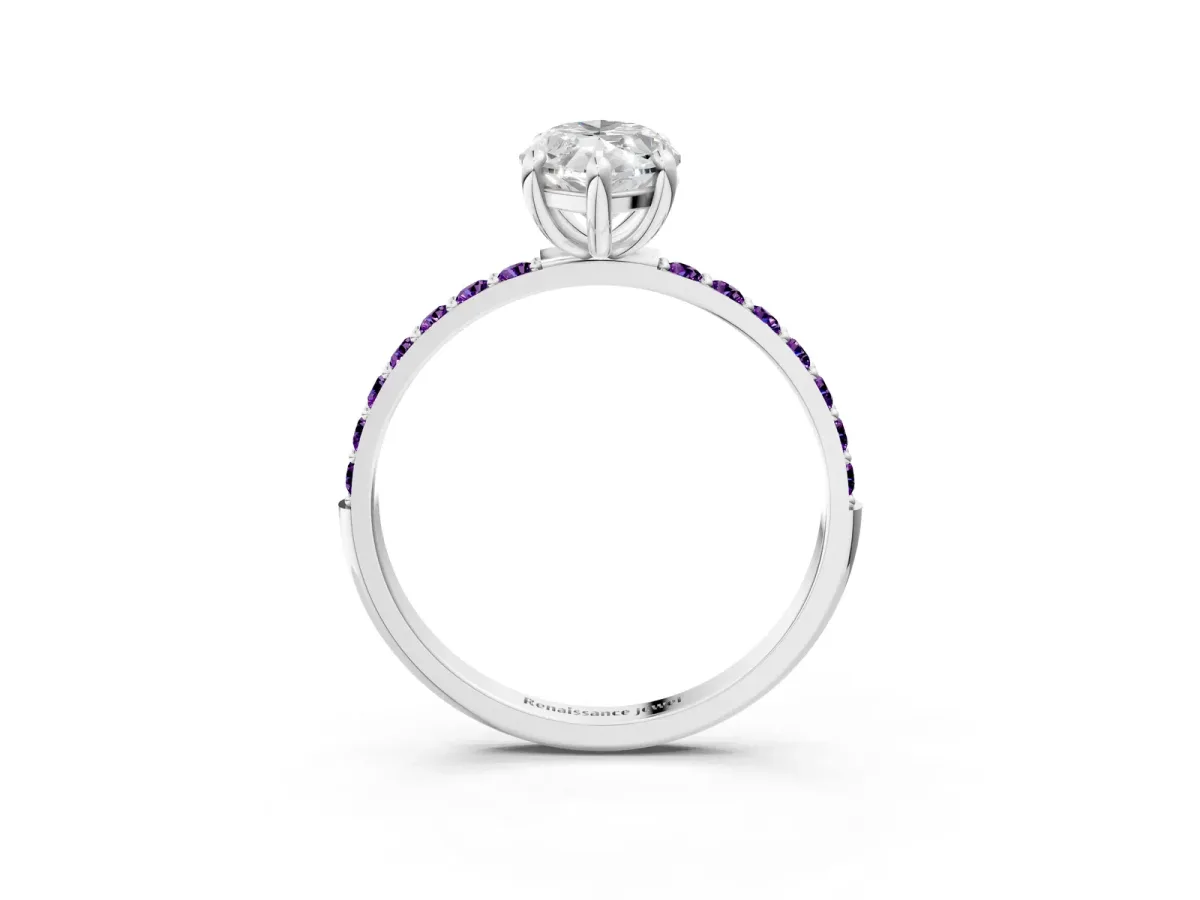 Marquise Cut Diamond Solitaire Ring with Round Amethyst Pavé Band and Prong Setting Silver