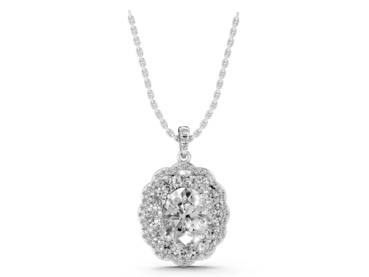 Oval Diamond Floral Halo Pendant with Diamond Accents Silver