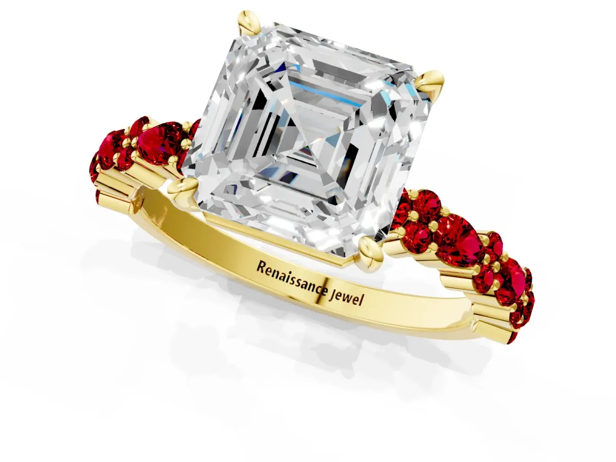 Asscher Cut Diamond Side Stone Solitaire Ring with Round Ruby and Four-Prong Setting Yellow gold