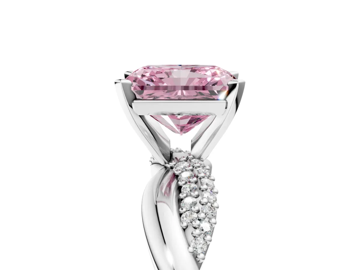 Fancy Pink Radiant Cut Solitaire Twist Band with Pave Prong Setting Platinum