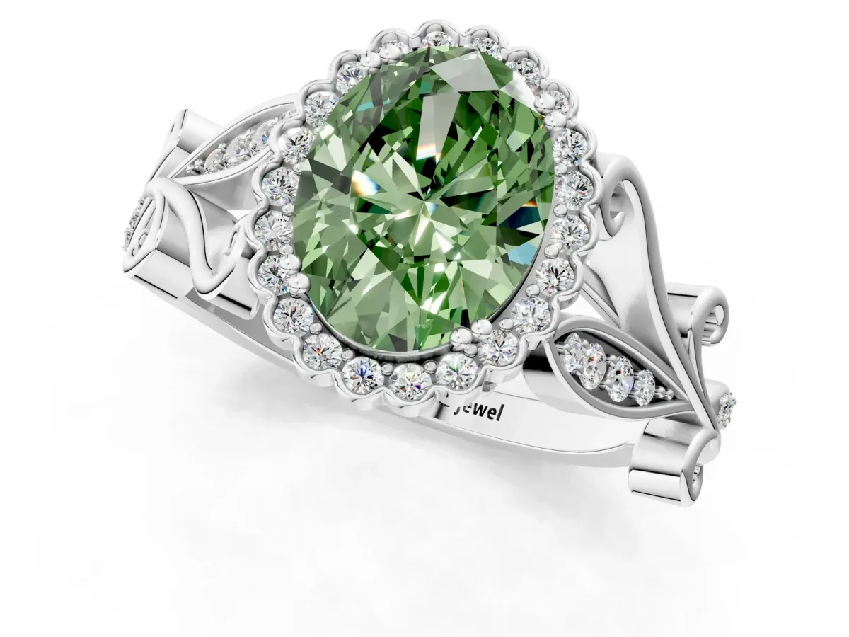 Fancy Green Oval Cut Diamond Halo Ring with Vintage Split Shank and Four-Prong Setting Silver