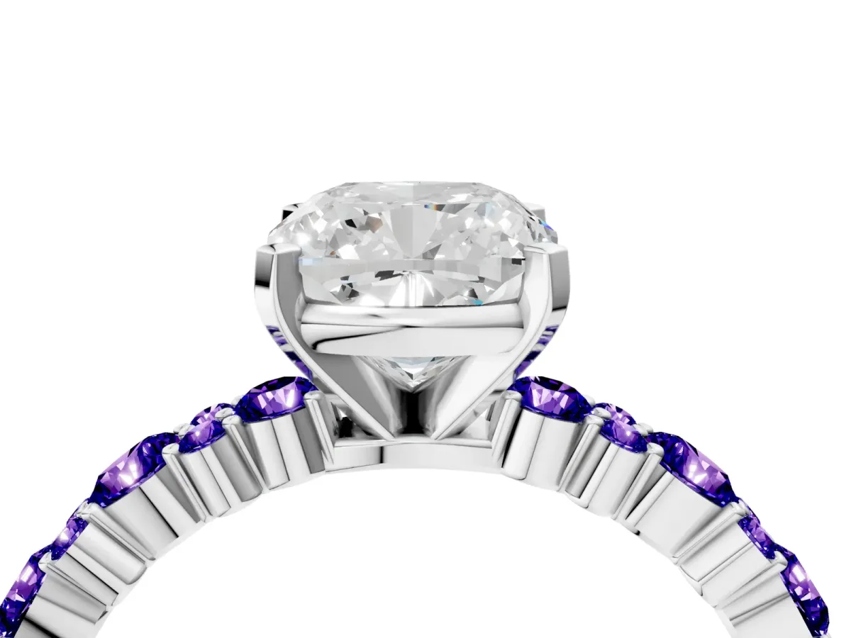 Cushion Cut Diamond Side Stone Solitaire Ring with Round Tanzanite and Four-Prong Setting Platinum
