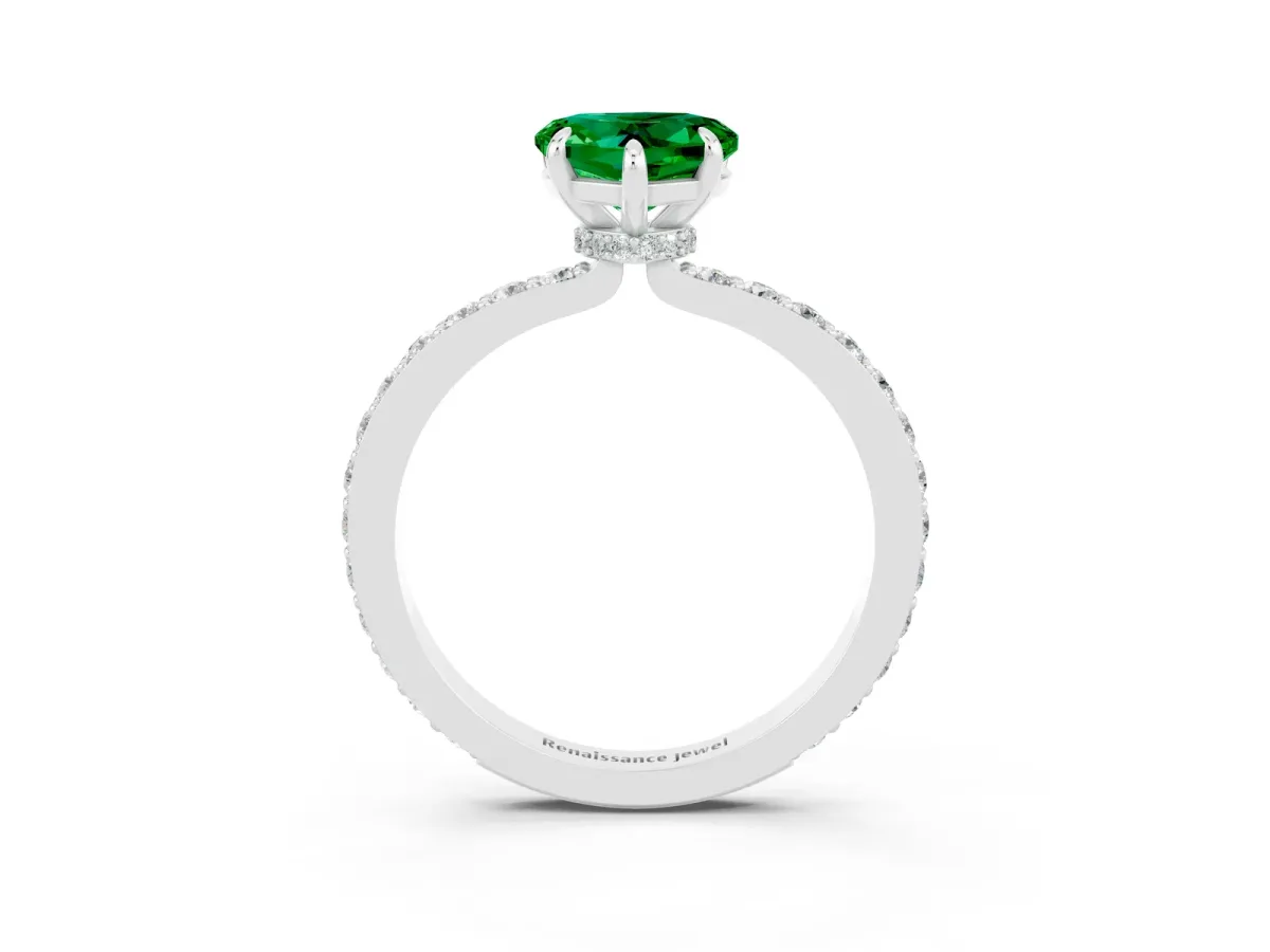 Heart Cut Emerald Solitaire Engagement Ring with Pavé Band and Four-Prong Setting Silver