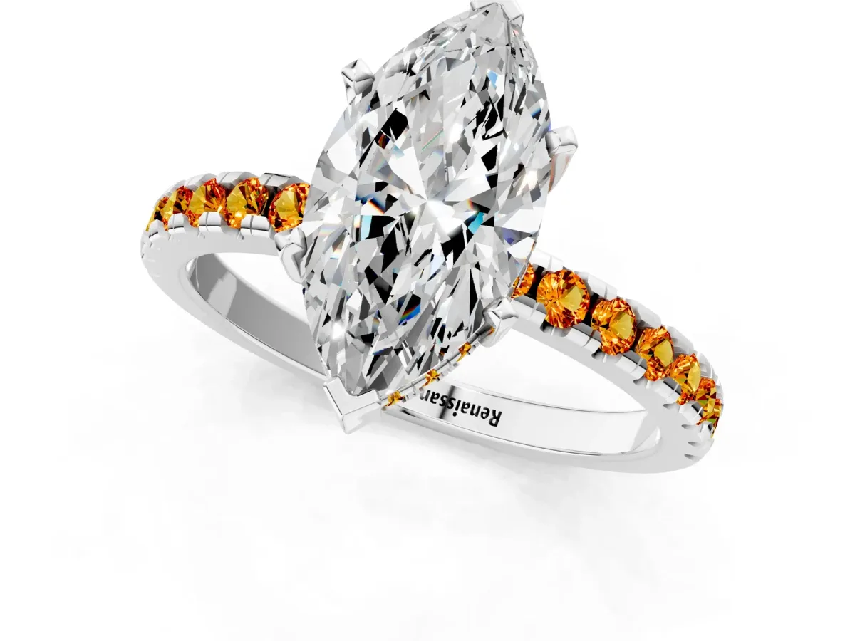 Marquise Cut Diamond Solitaire Ring with Round Citrine Pavé Band and Four-Prong Setting Silver