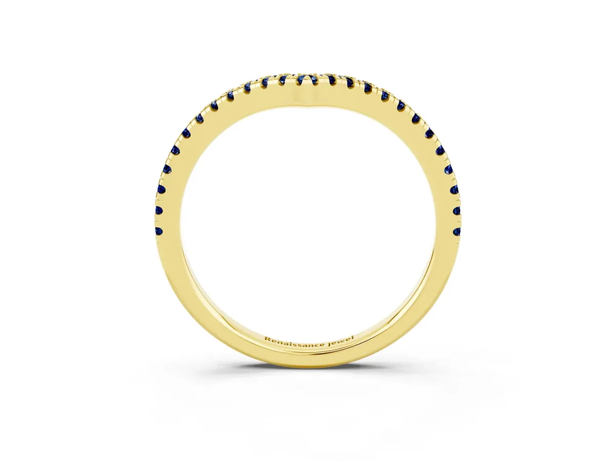 Pavé Round Blue Sapphire V-Shaped Chevron Band with Shared Prong Setting Yellow gold
