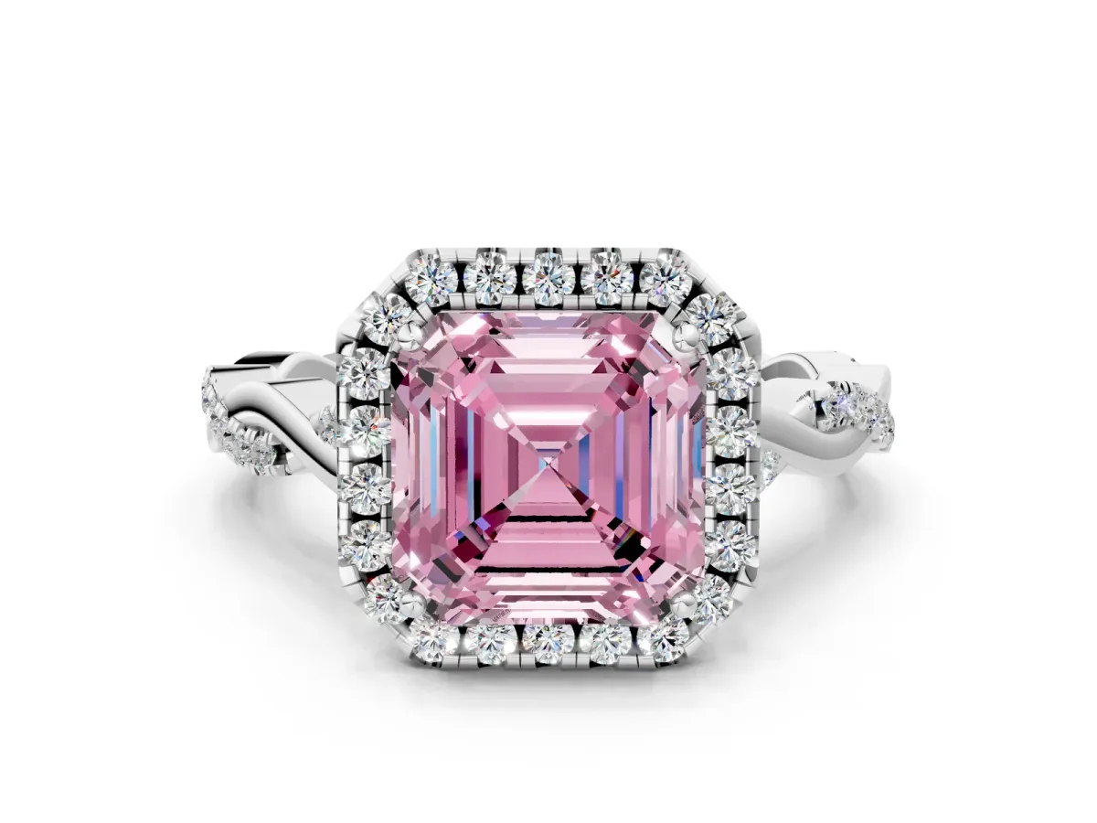 Fancy Pink Asscher Cut Halo Twist Band Solitaire Ring Platinum