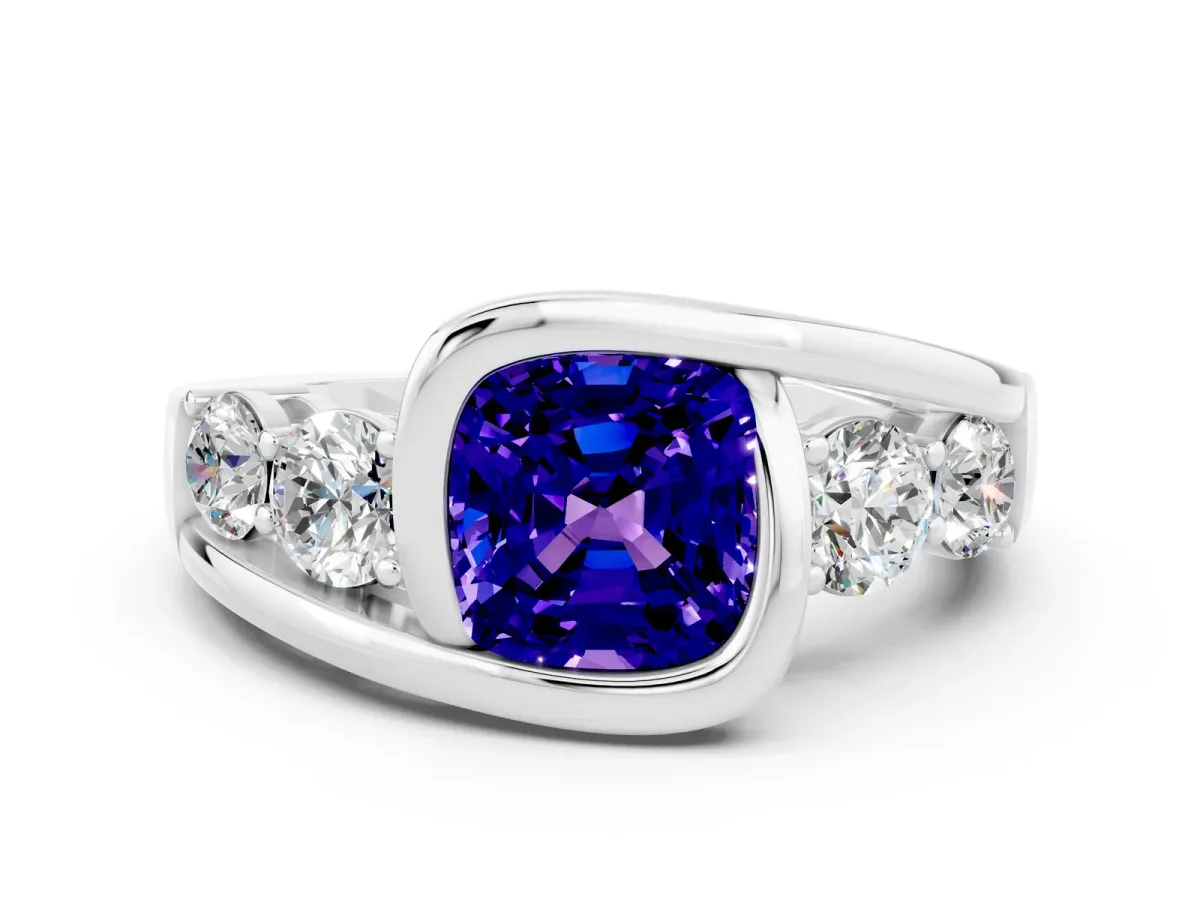 Bezel Set Cushion Cut Tanzanite Bypass Ring with Round Accents Silver