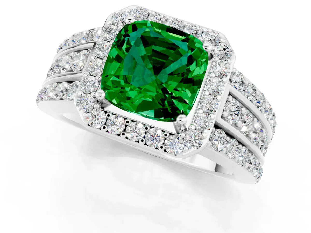 Cushion Cut Halo Emerald Ring with Round Split Shank and Prong Setting Silver