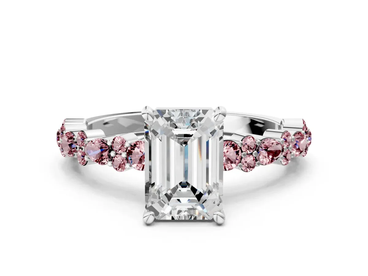 Emerald Cut Diamond Side Stone Solitaire Ring with Round Morganite and Four-Prong Setting Platinum