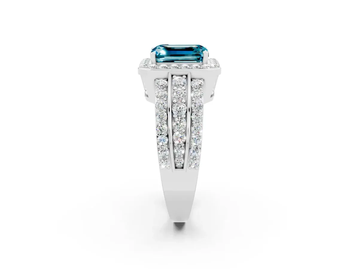 Emerald Cut Halo Blue Topaz Ring with Round Split Shank and Prong Setting Platinum