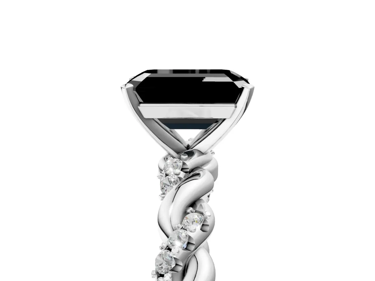 Fancy Black Emerald Cut Diamond Solitaire Ring with Twisted Band and Pavé Accents Platinum