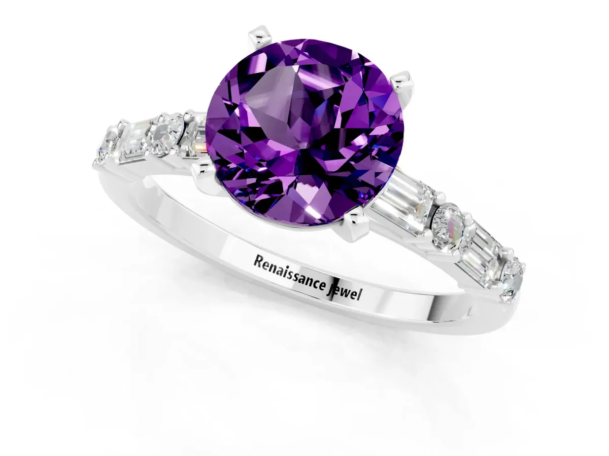 Round Cut Amethyst Solitaire with Side Baguettes and Channel Set Band Platinum