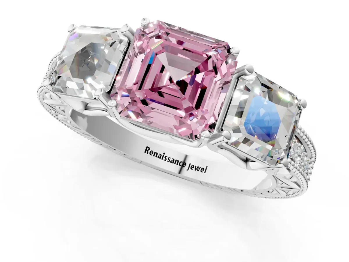 Fancy Pink Three-Stone Asscher Cut Cut Milgrain Pavé Engagement Ring Platinum