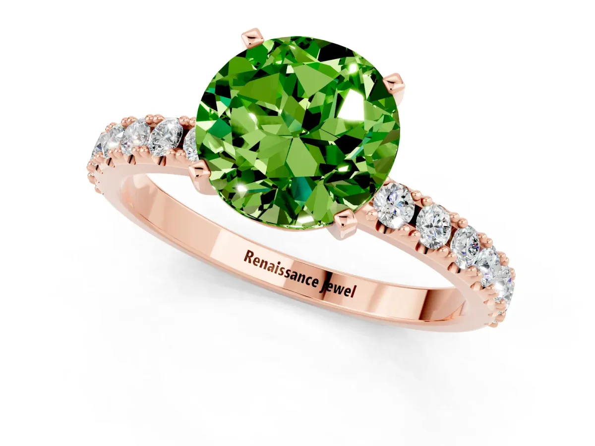 Round Cut Peridot Solitaire Pavé Band with Four-Prong Setting Rose gold