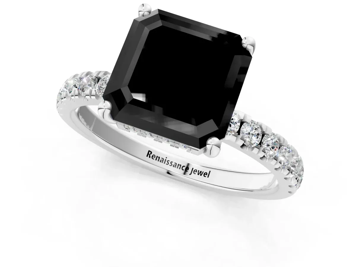 Fancy Black Asscher Cut Diamond Pave Band Solitaire Ring with Round and Prong Setting Platinum
