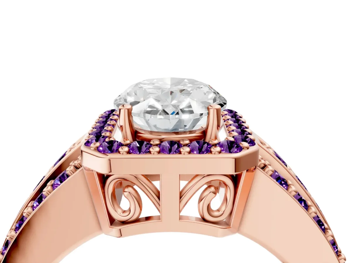 Oval Cut Halo Diamond Ring with Round Amethyst Split Shank and Prong Setting Rose gold
