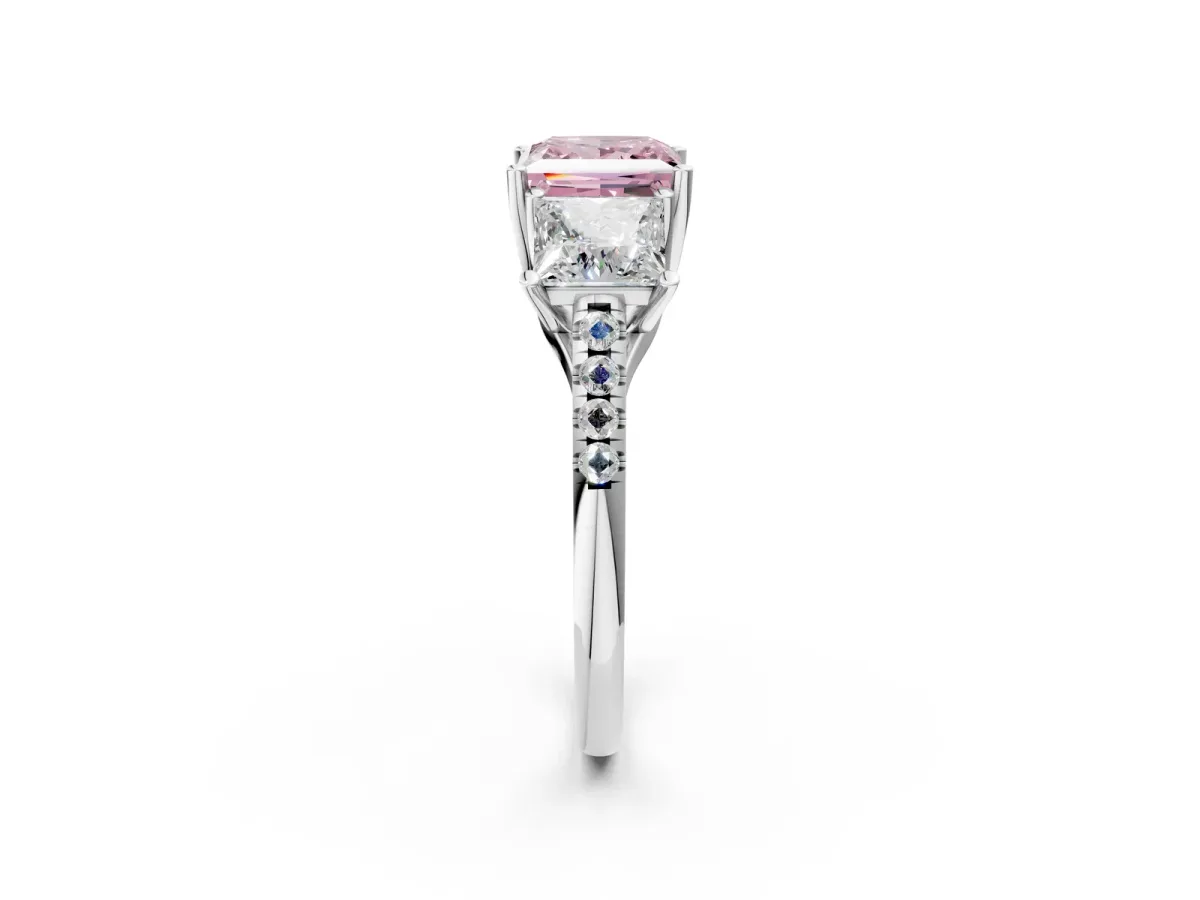 Fancy Pink Three-Stone Princess Cut Diamond Ring with Round Pavé Band and Prong Setting Silver