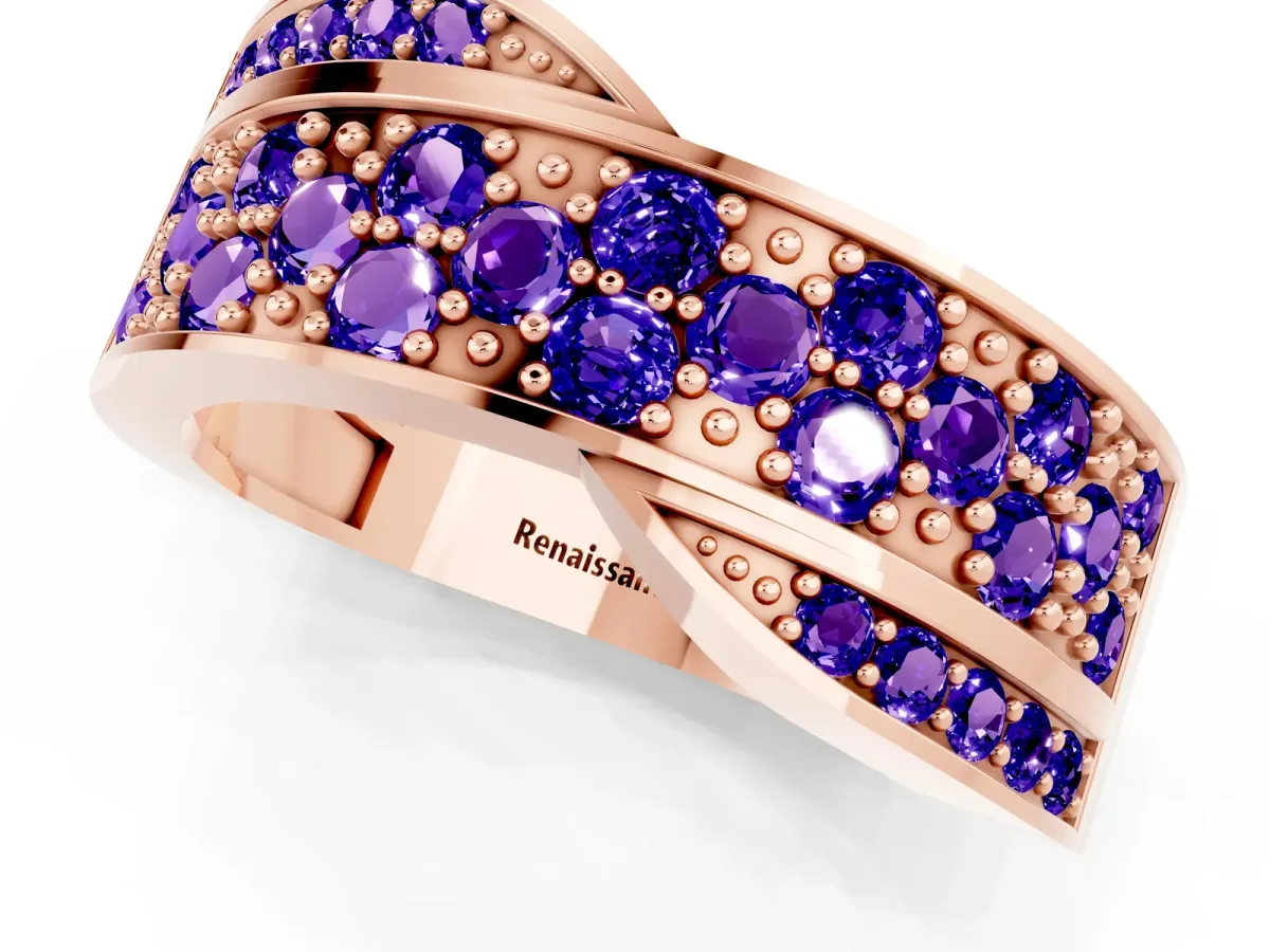 Pavé Round Tanzanite Crossover Band with Bead Prong Setting Rose gold