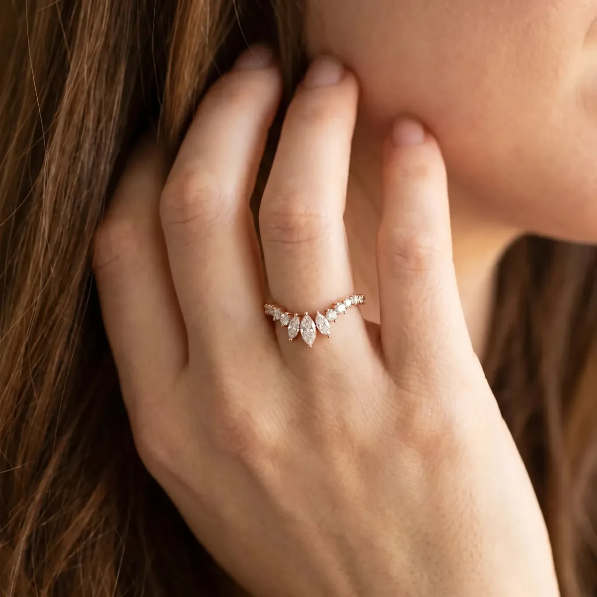 Chevron Marquise and Round Diamond Open Band with Prong Setting Rose gold