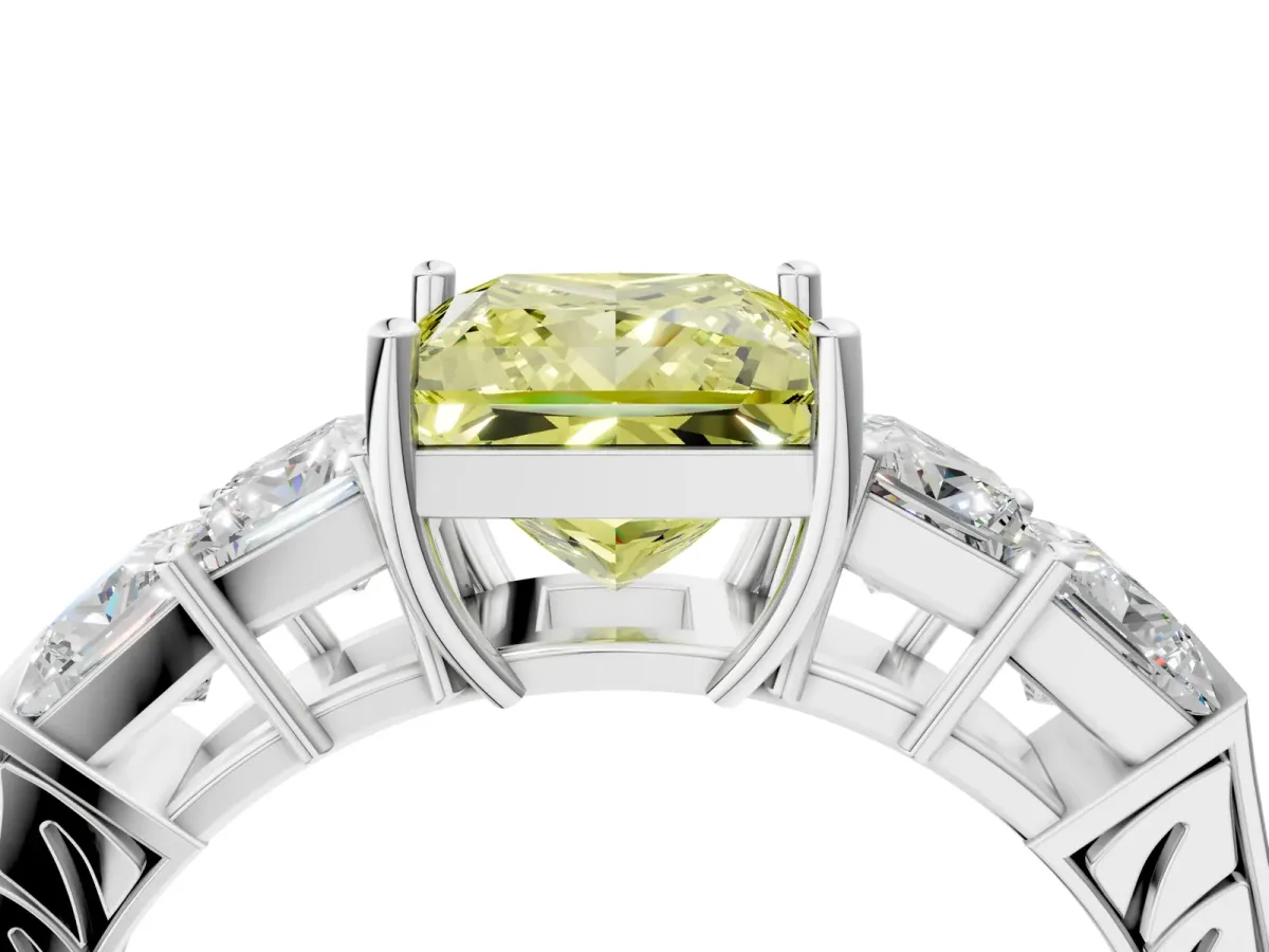 Fancy Yellow Princess Cut Solitaire Princess Side Stone Engraved Band Prong Setting Ring Silver