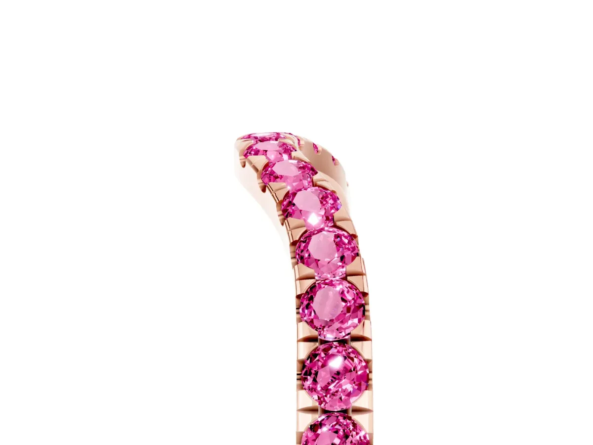 Curved Pavé Round Pink Sapphire Wedding Band with Shared Prong Setting Rose gold