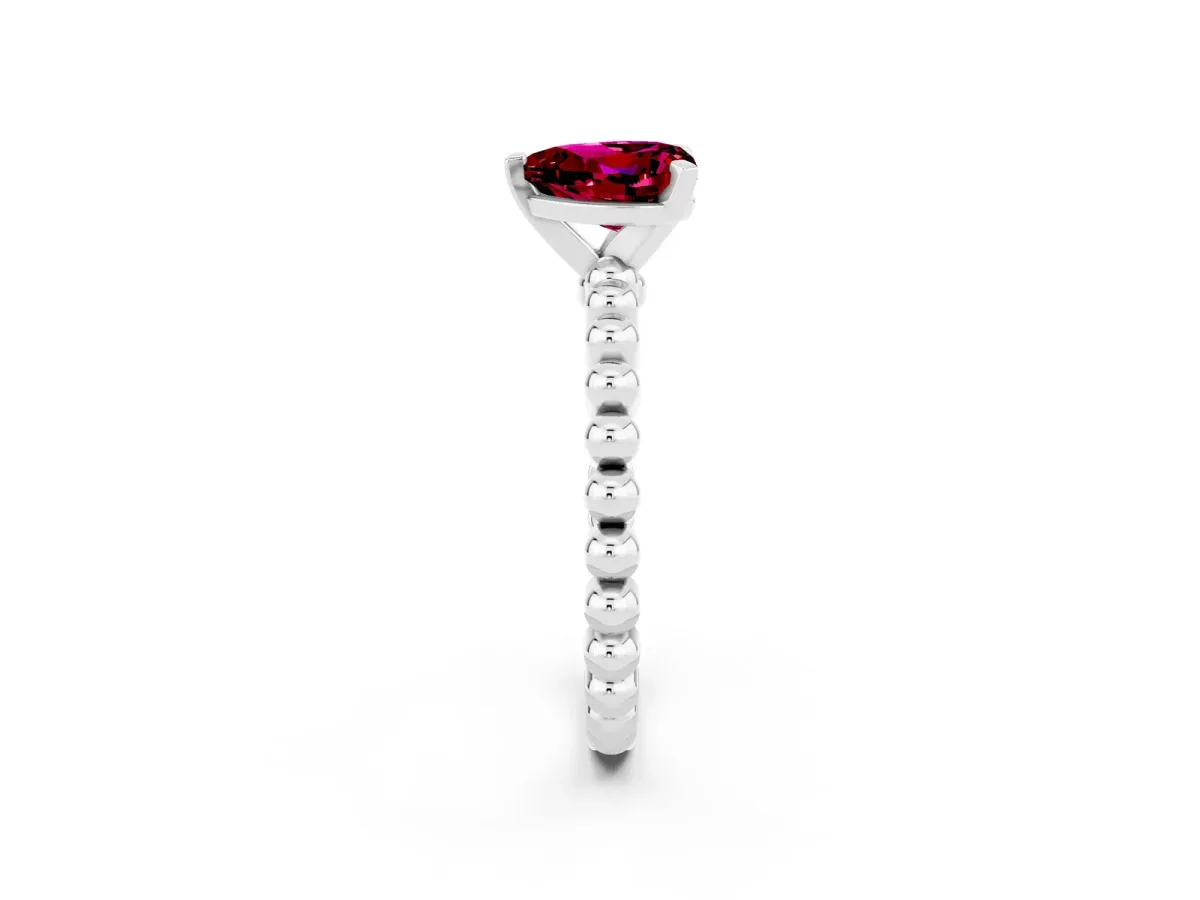 Heart Cut Garnet Solitaire Ring with Beaded Band and Prong Setting Silver