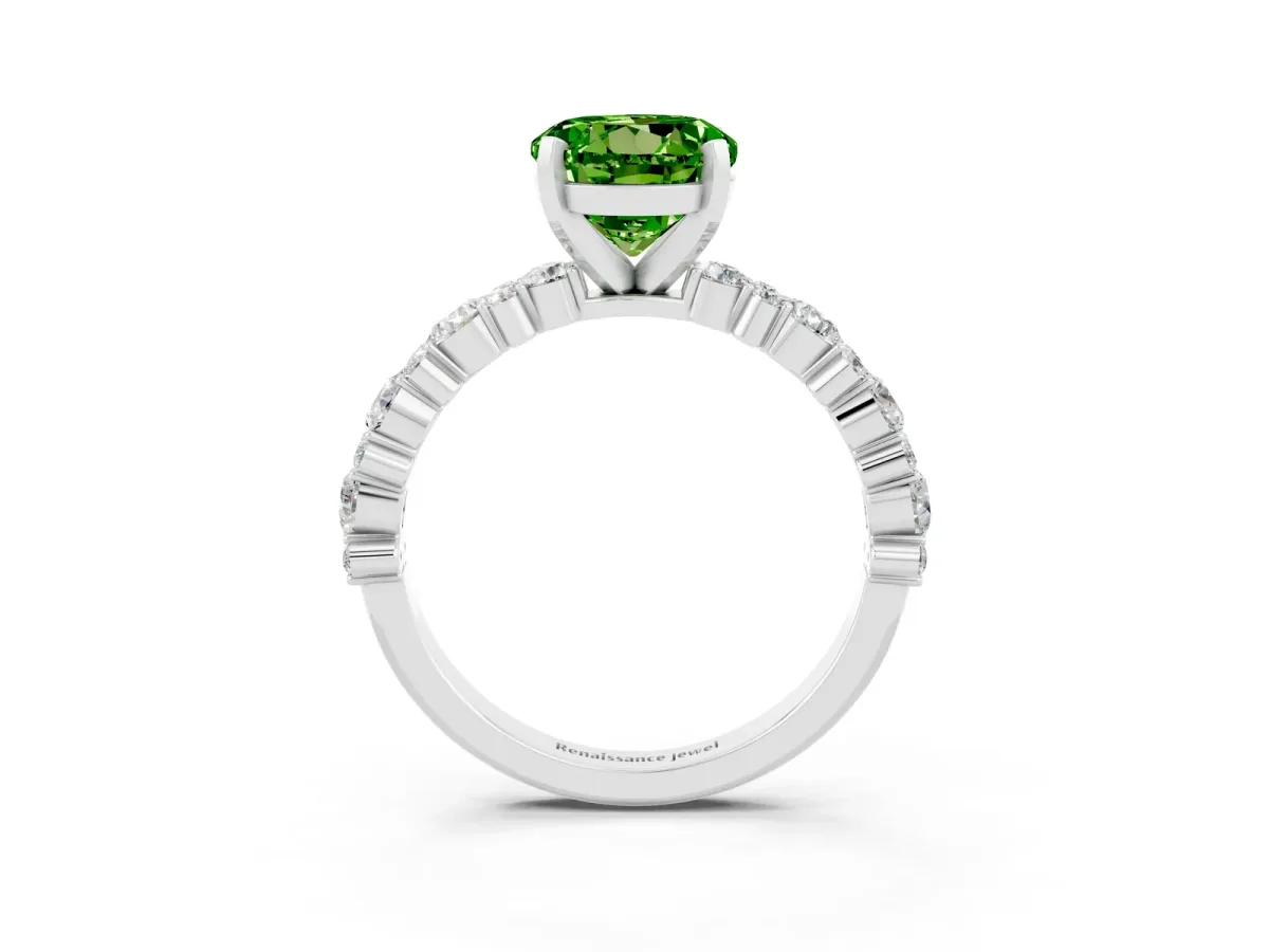 Round Cut Peridot Side Stone Solitaire Ring with Round and Four-Prong Setting Platinum