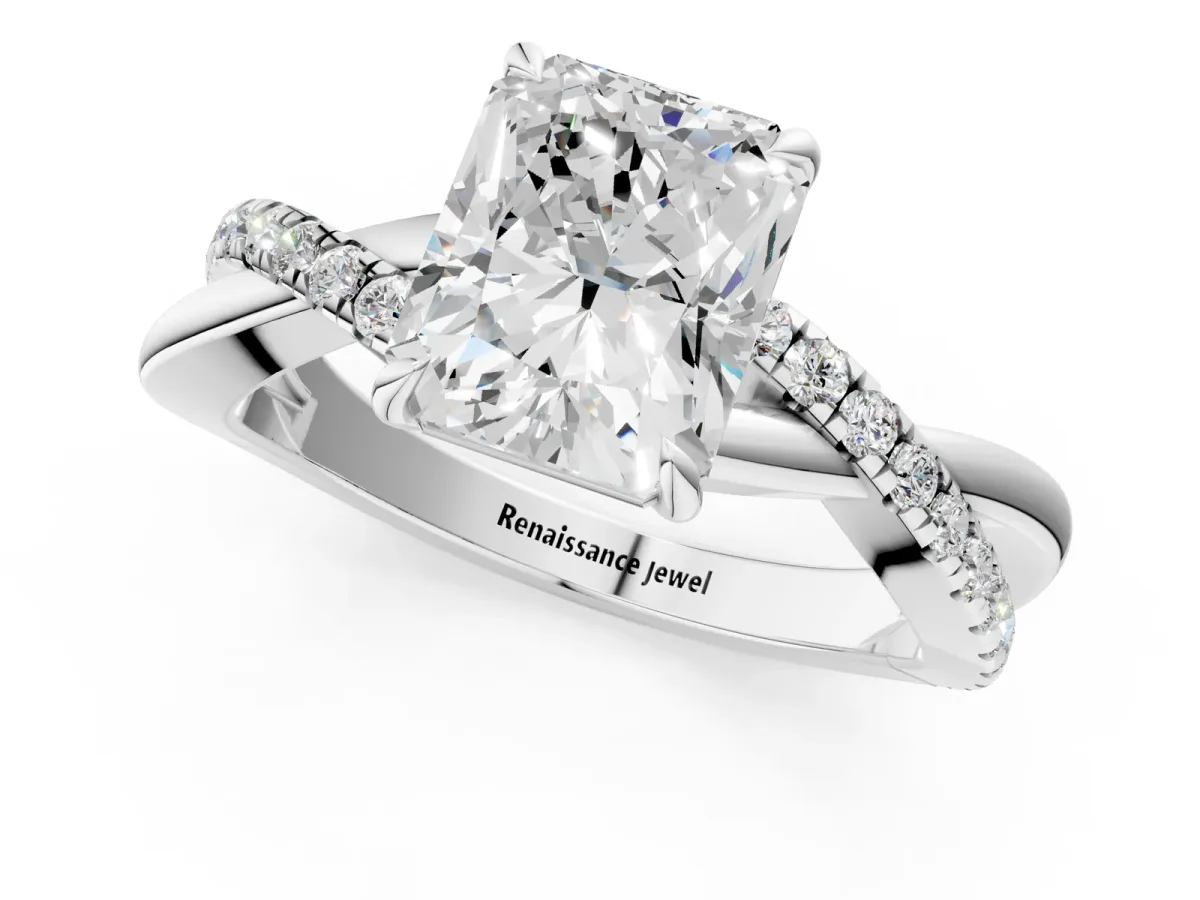 Radiant Cut Cut Diamond Twisted Band with Pavé Setting and Four-Prong Setting Platinum