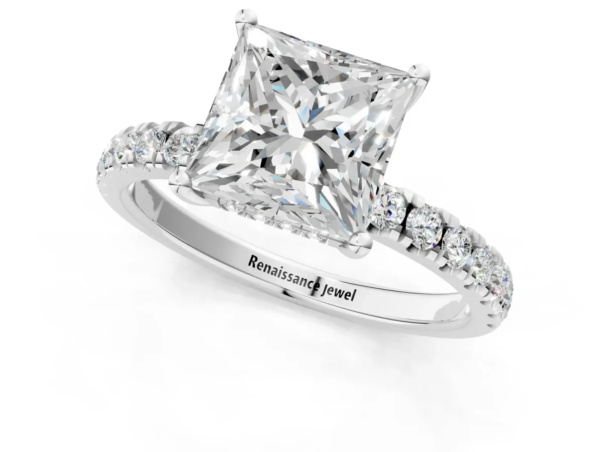 Princess Cut Diamond Pave Band Solitaire Ring with Round Moissanite and Prong Setting Silver