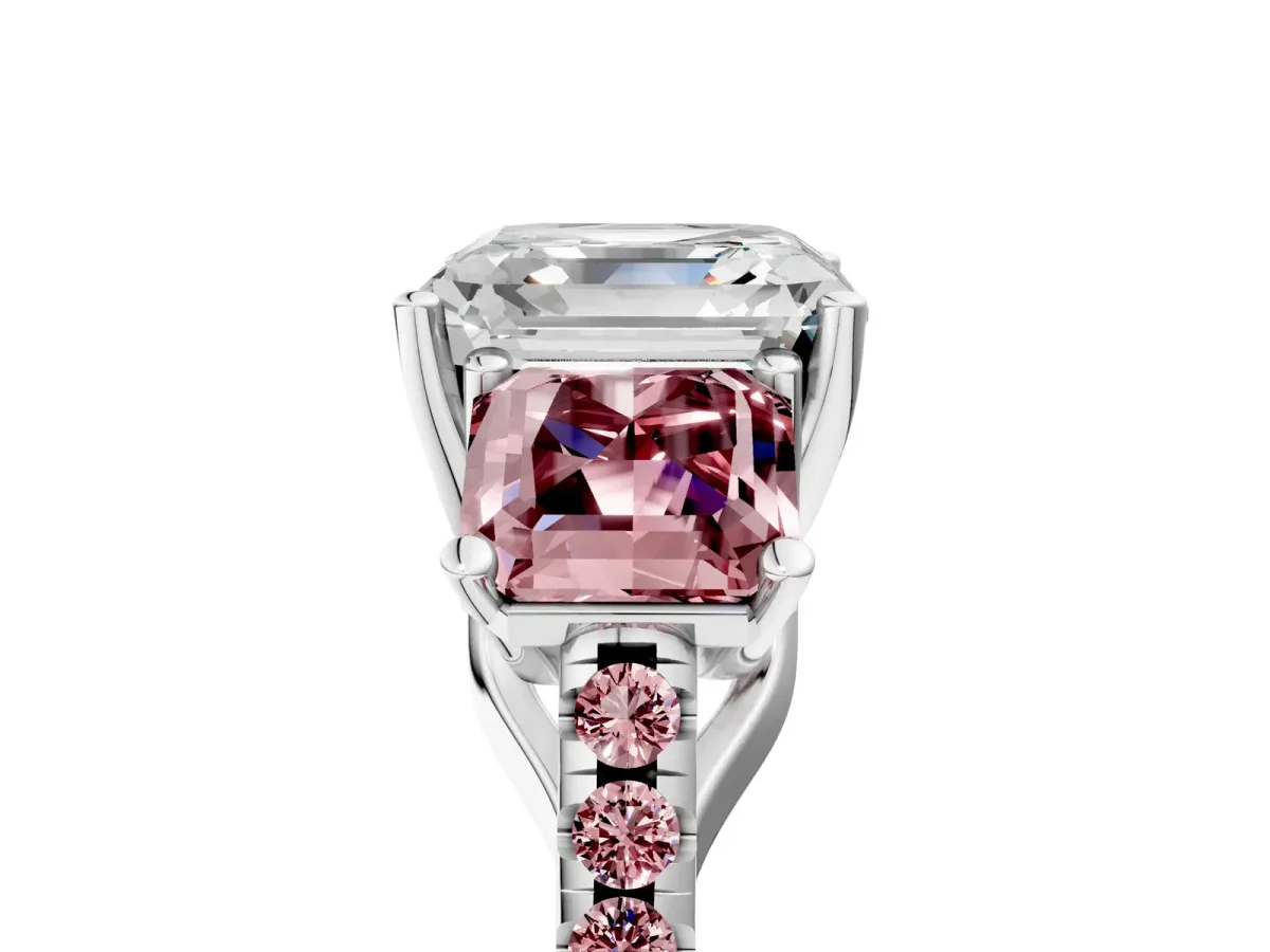 Three-Stone Asscher Cut Diamond Ring with Round Morganite Pavé Band and Prong Setting Silver