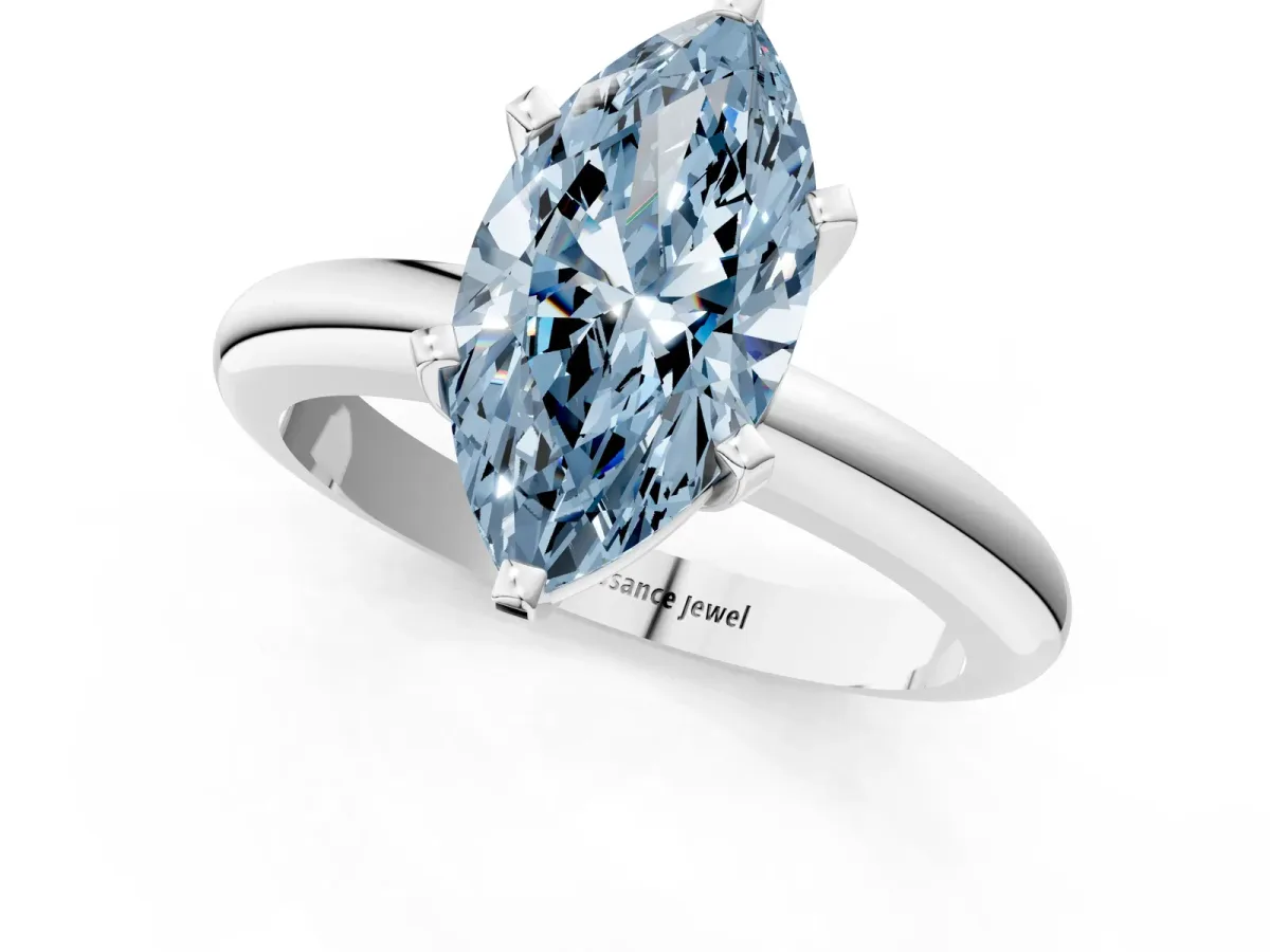 Fancy Blue Marquise Cut Diamond Solitaire Engagement Ring with Round Band and Four-Prong Setting Silver