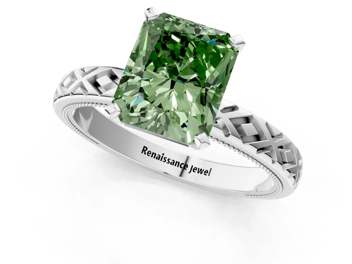 Fancy Green Radiant Cut Solitaire Diamond Ring with Milgrain and Black Enamel X Pattern Band Platinum