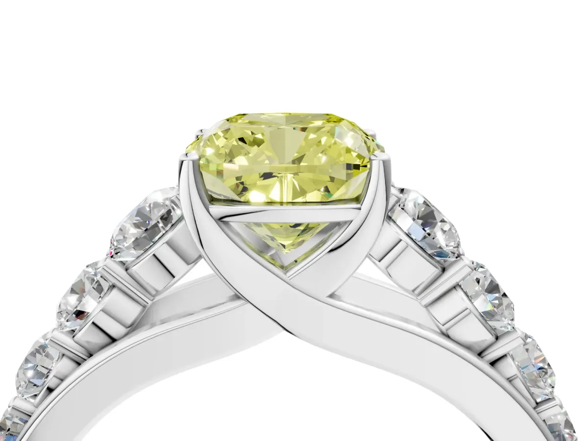 Fancy Yellow Cushion Cut Brilliant Diamond Pavé Band with Six-Prong Setting Silver