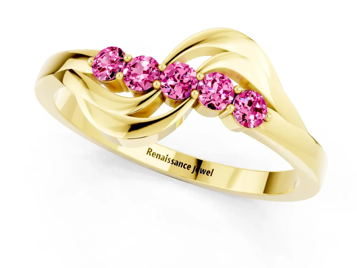 Five-Stone Round Pink Sapphire Crossover Band with Prong Setting Yellow gold