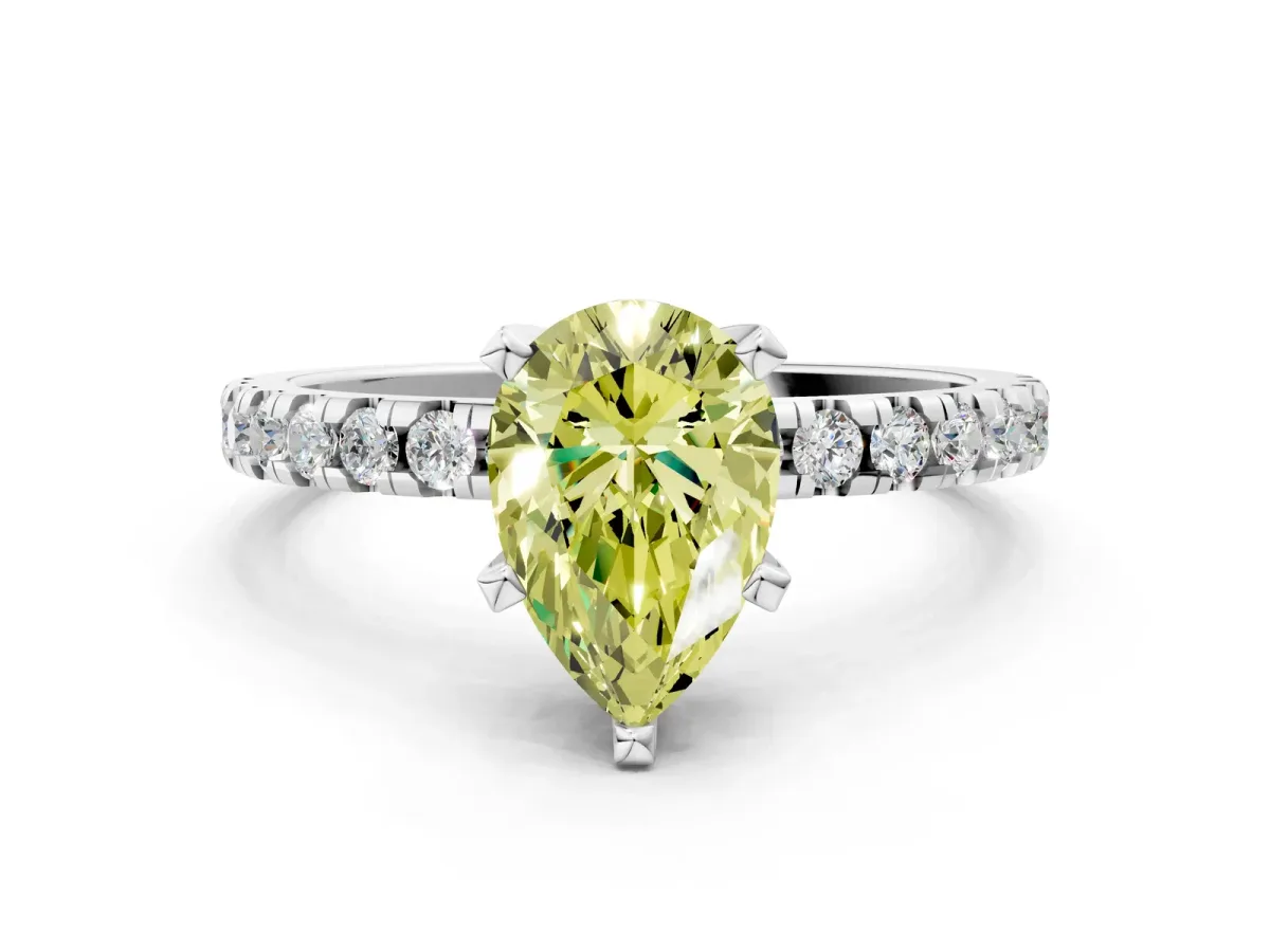 Fancy Yellow Pear Cut Diamond Solitaire Ring with Round Pavé Band and Four-Prong Setting Silver