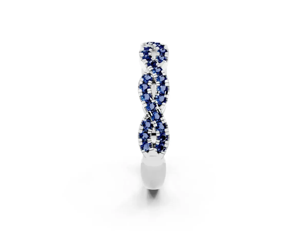 Round Blue Sapphire Twisted Eternity Band with Pavé and Shared Prong Setting Silver