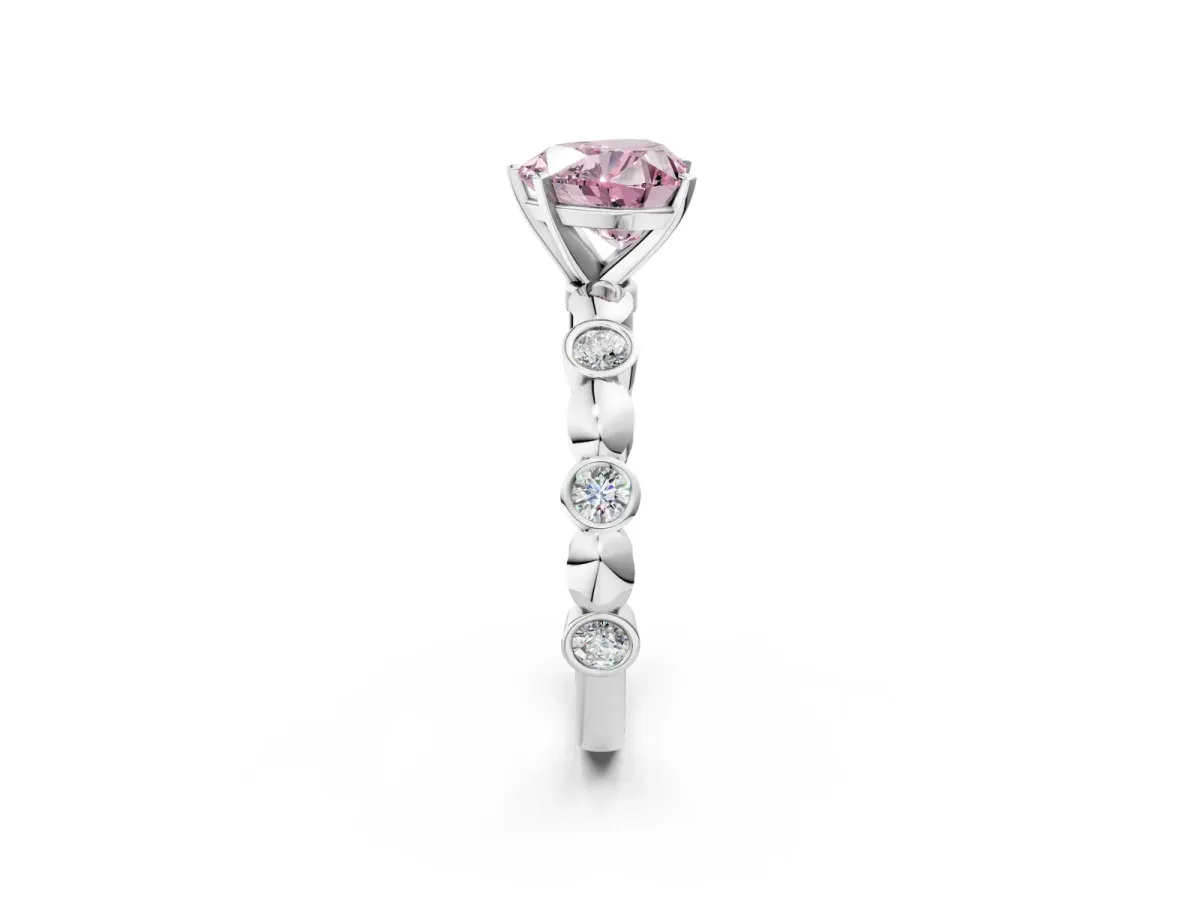 Fancy Pink Heart Cut Solitaire Bezel-Set Diamond Ring with Beaded Band and Four-Prong Setting Silver